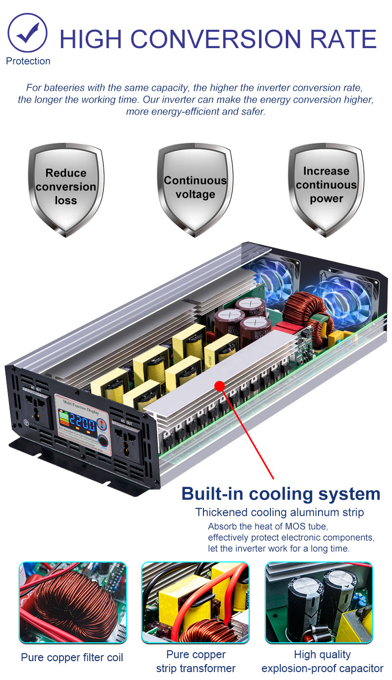 Color screen display high-power on-board inverter 12V 24V 48V 60V To 220V 8000W
